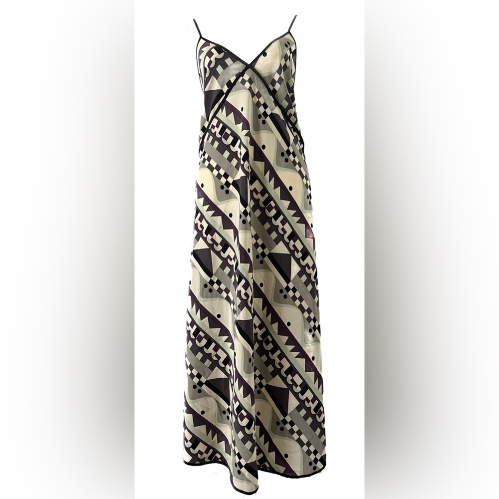 Viva Vena Adjustable Spaghetti Strap V-Neck Abstract Geometric Maxi Dress